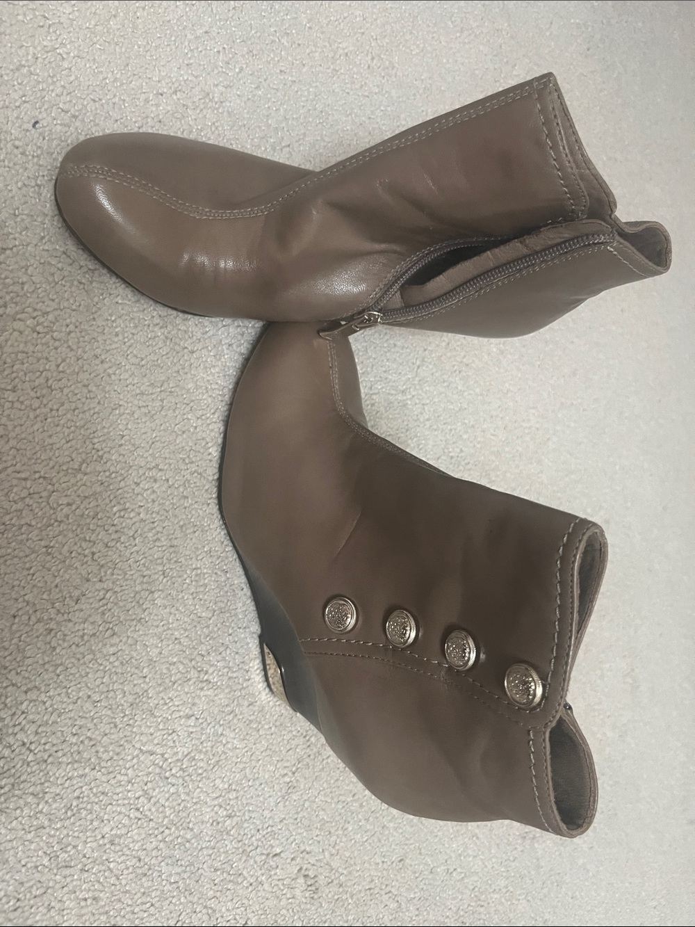 Vince Camuto Leather Taupe Brown Ankle Booties with Button Accents